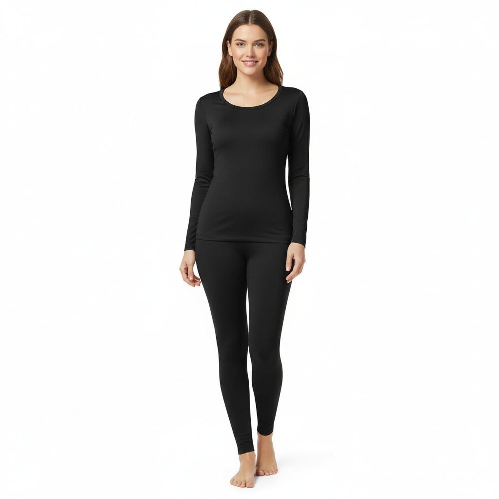 Women's Microfiber Fleece Lined Thermals 2-pc Set, Black